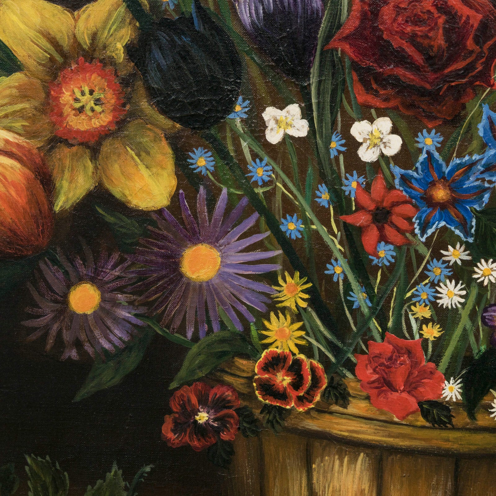 Close-up of a 1970s vintage French oil painting of a floral arrangement, vibrant and detailed with tiny insects like bees and snails.
