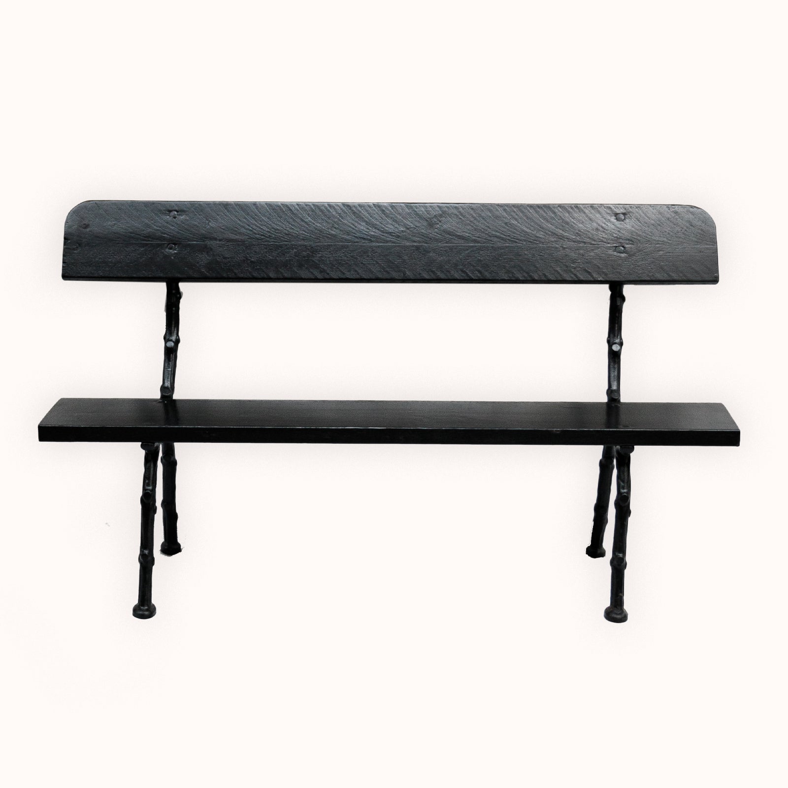 A black painted faux bois cast iron garden bench with a single-plank wooden seat and backrest, available at Wildschut Antiques