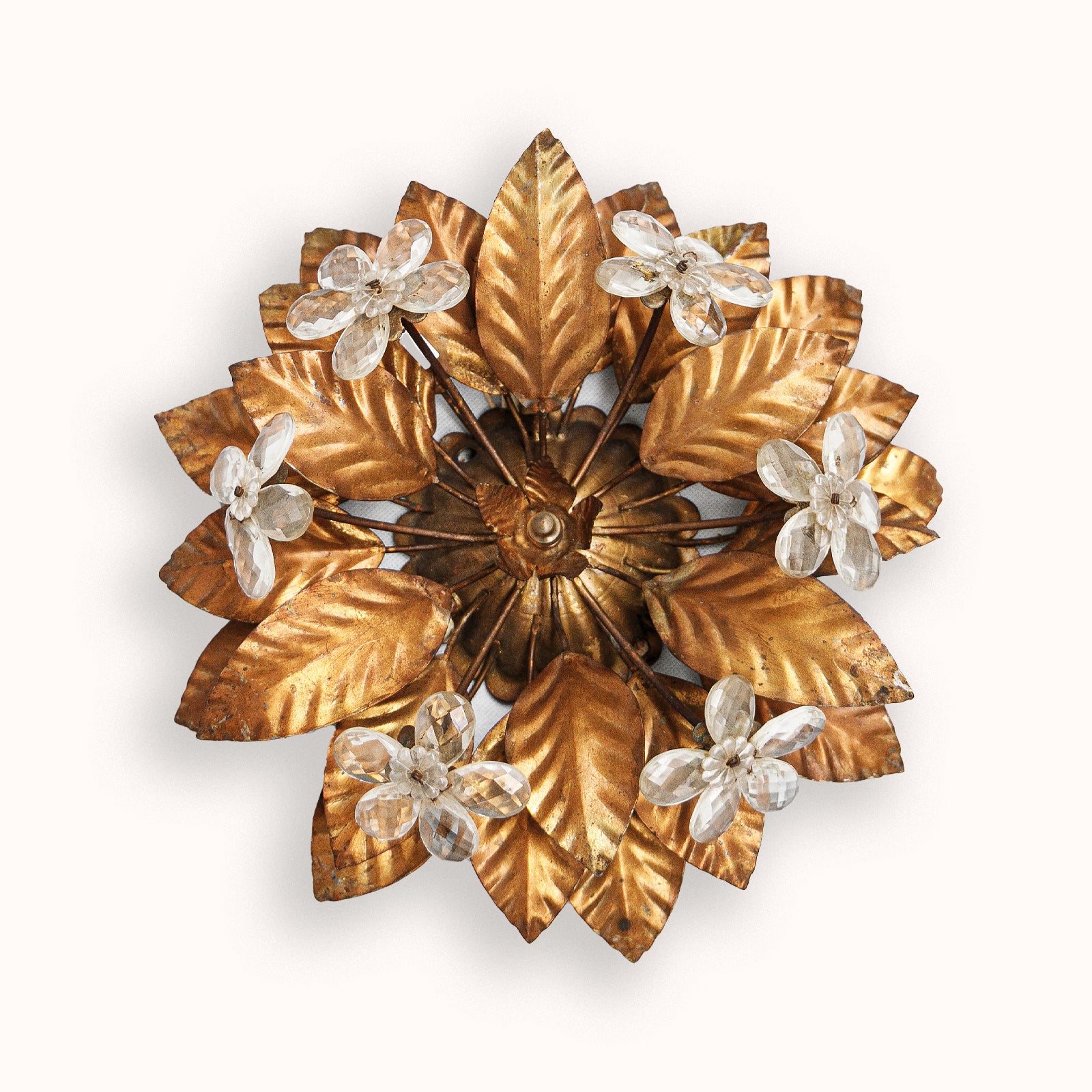 Decorative wall or ceiling lamp with gold leaf and crystal flower design on a white background available at Wildschut Antiques