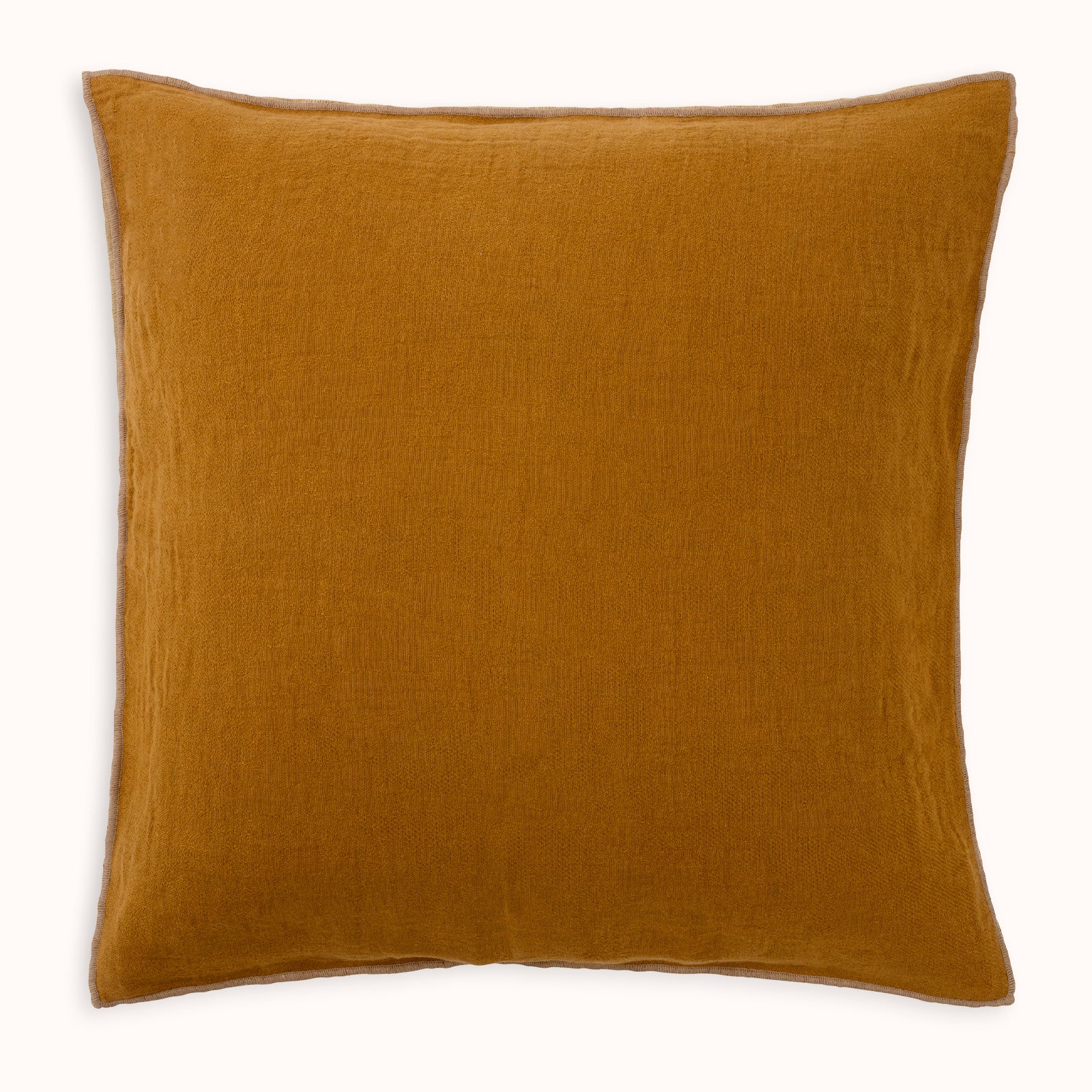 A square-shaped ginger brown soft linen blend pillow with decorative seams available at Wildschut Antiques