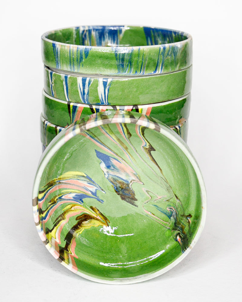 Hand-Painted Marbled Earthenware Bowls | Green