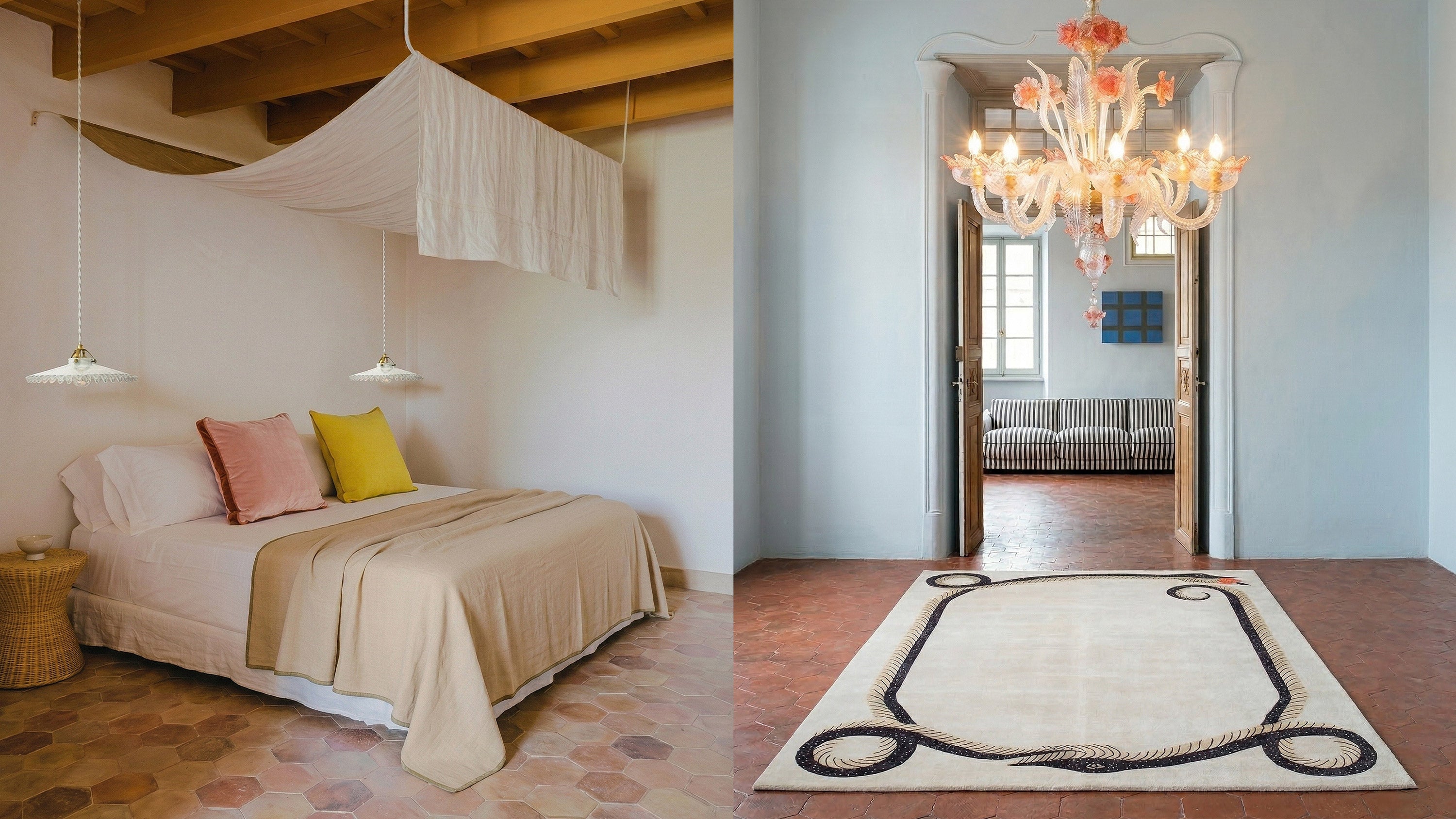 Decorative bed with pillows and a linen throw. Light blue room with a venetian chandelier. Spring collection by Wildschut Antiques.