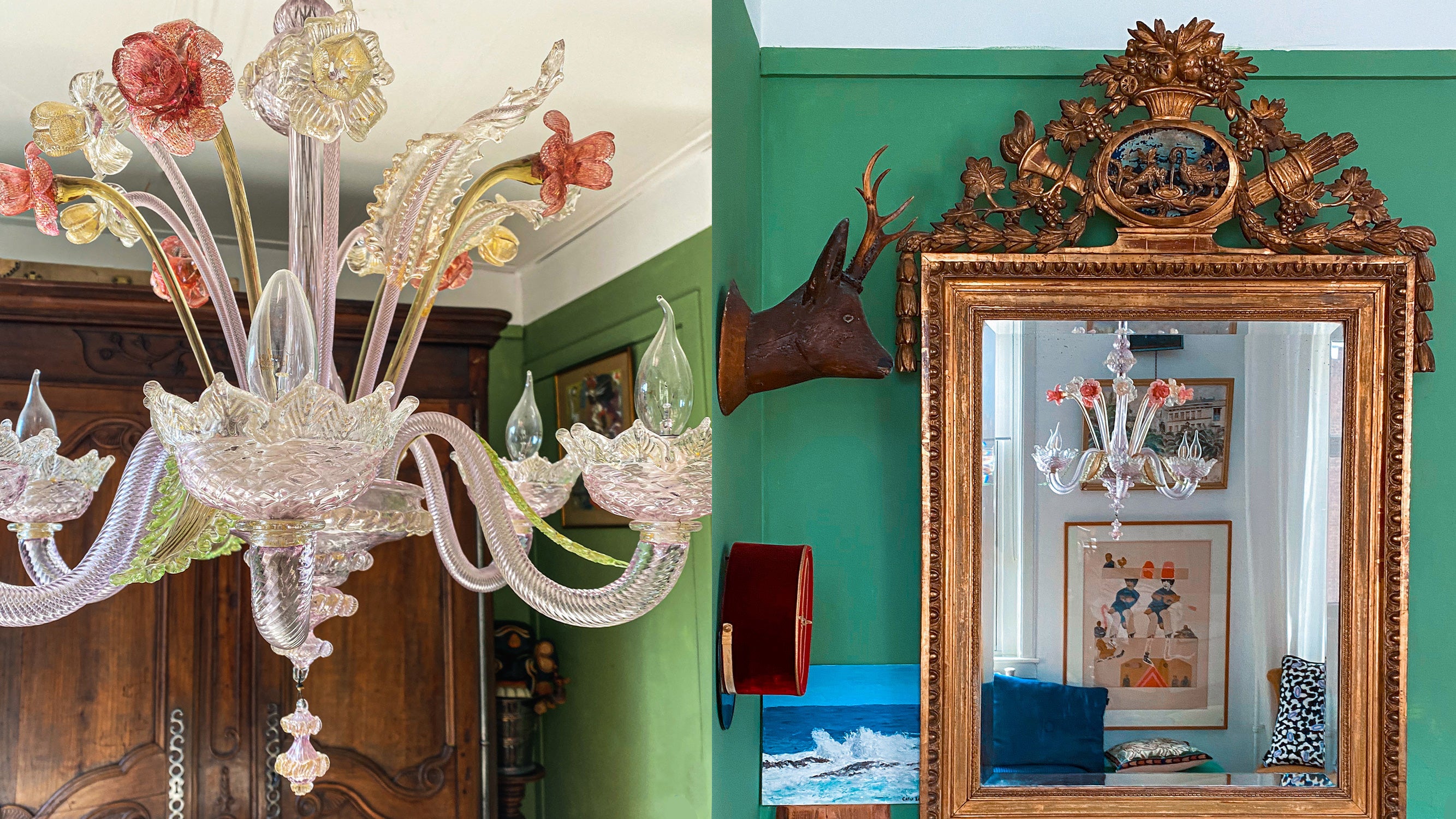 A charming pink Venetian Murano Glass Chandelier and an antique Mirror with ornate crest