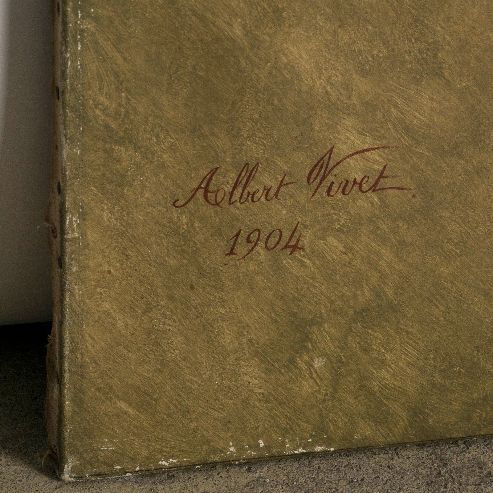 Close-up of the artist signature, Albert Vivet, dated 1904, of an antique French oil painting depicting a hunting still life scene with a rabbit and birds