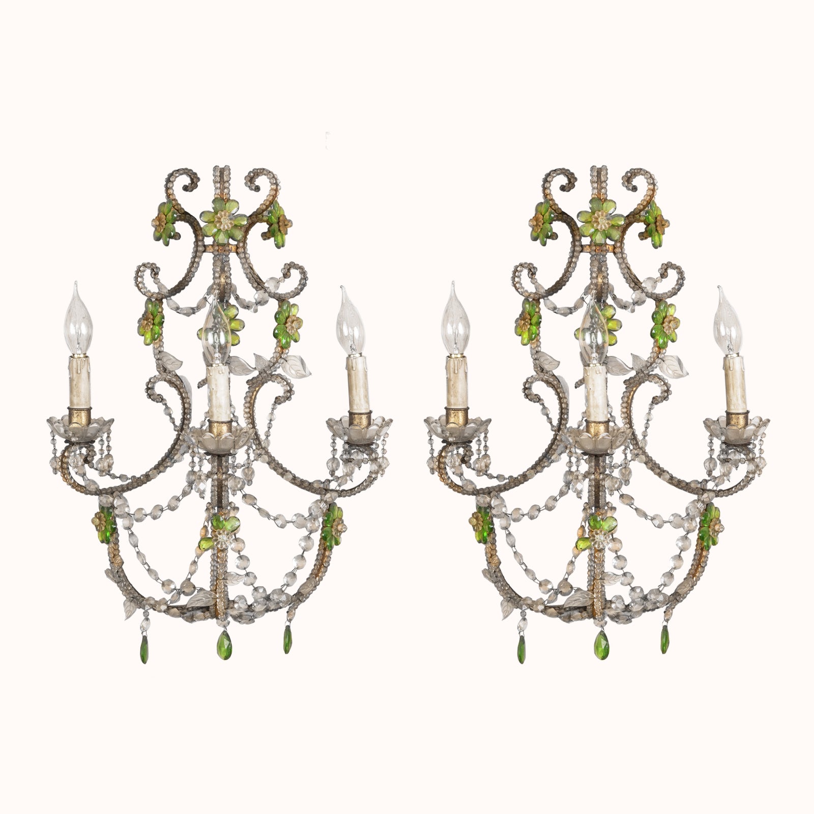 Wonderful early 20th Century Crystal Beaded Italian Applique Fixtures or Sconces with Green Crystal Glass Flowers, availabe at Wildschut Antiques