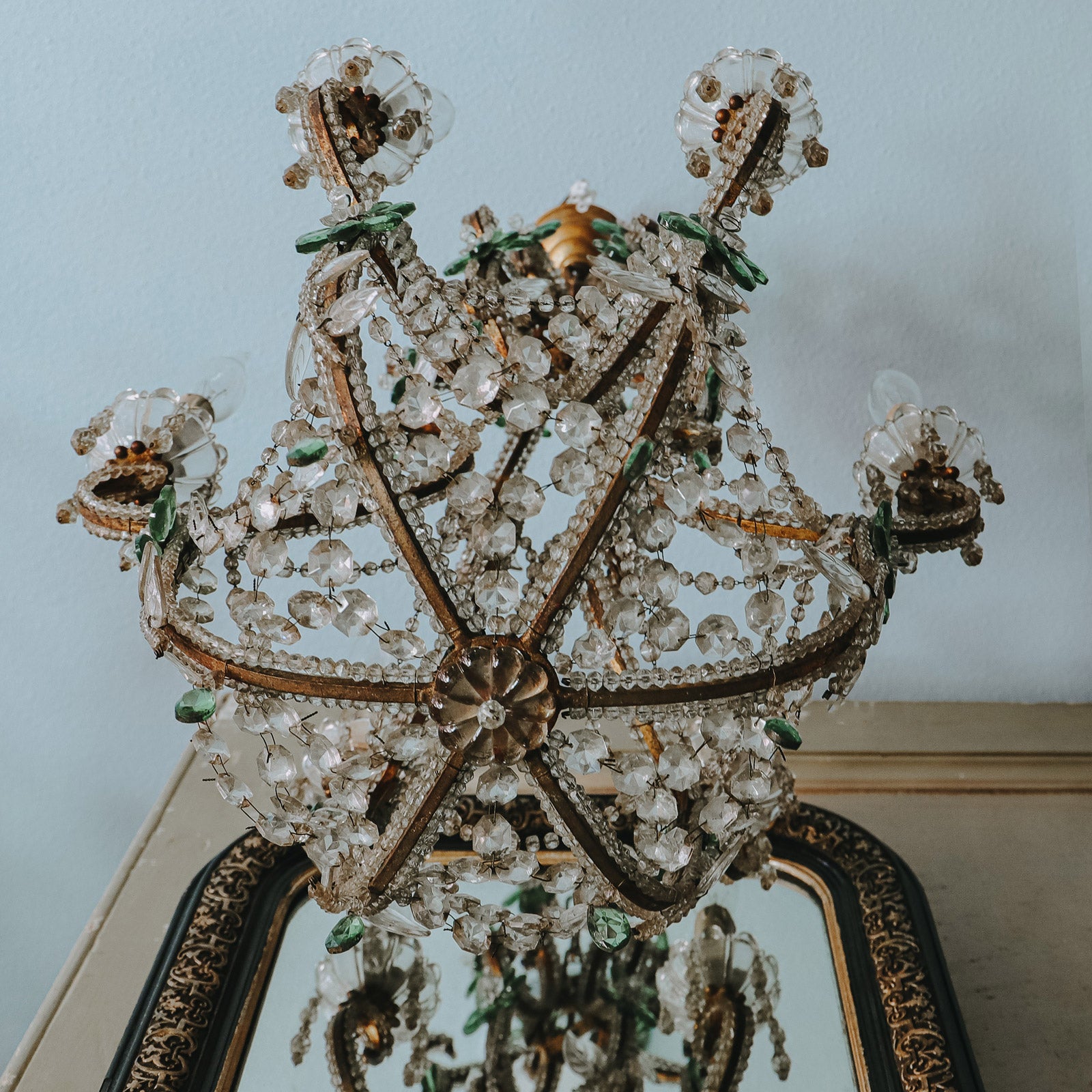 Italian Crystal Beaded Chandelier Fixture with Green Flowers