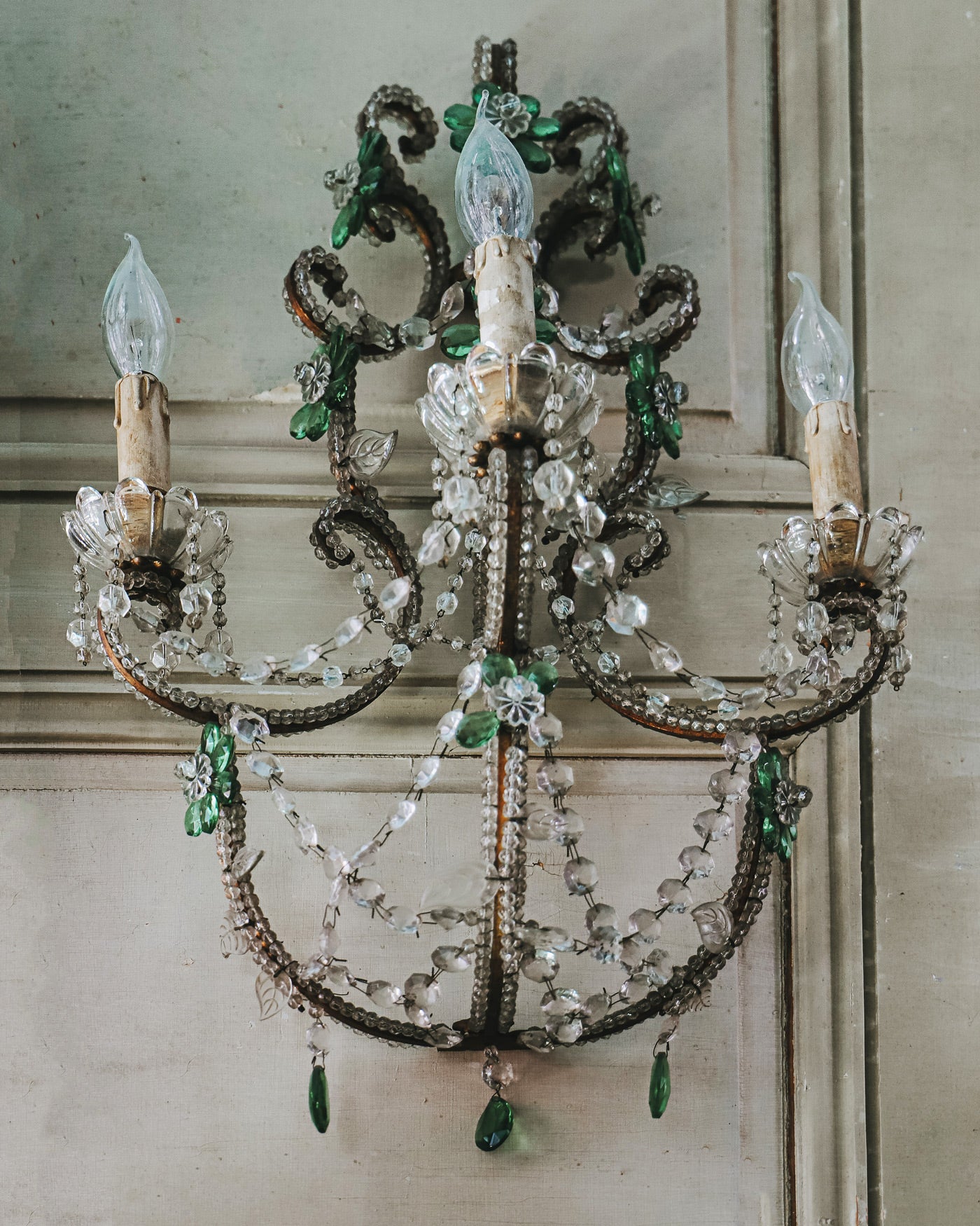 Set of Two Italian Crystal Beaded Applique Fixtures or Sconces with Green Flowers