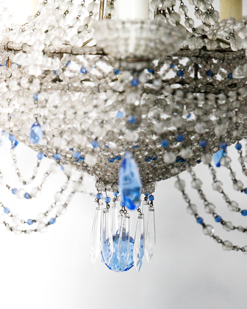 19th Century Italian Beaded Chandelier with Sapphire Blue Drops