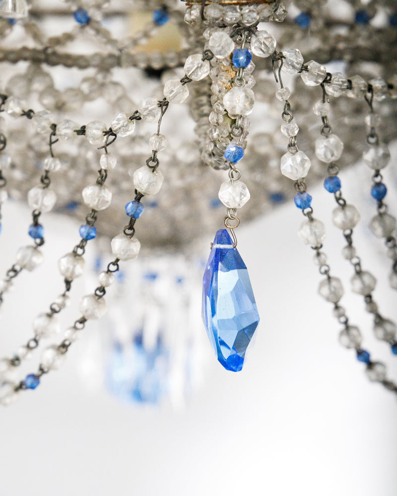 19th Century Italian Beaded Chandelier with Sapphire Blue Drops