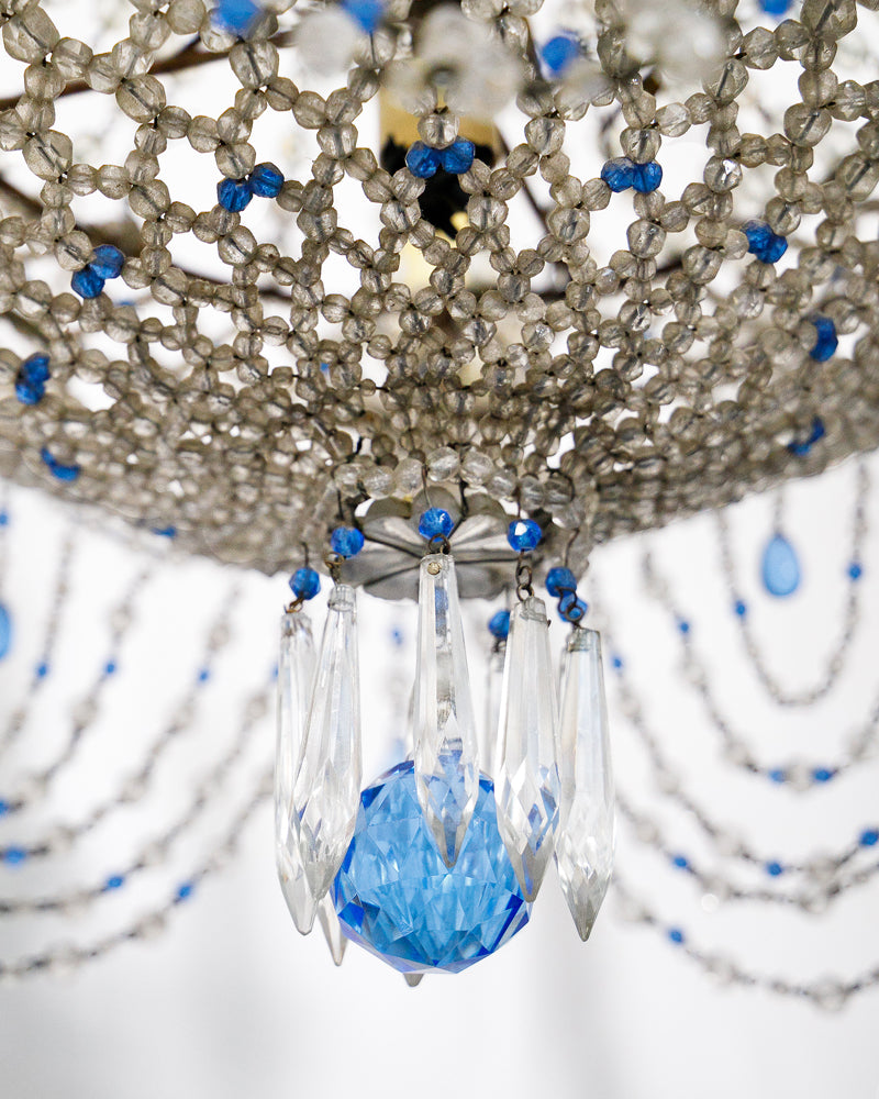19th Century Italian Beaded Chandelier with Sapphire Blue Drops