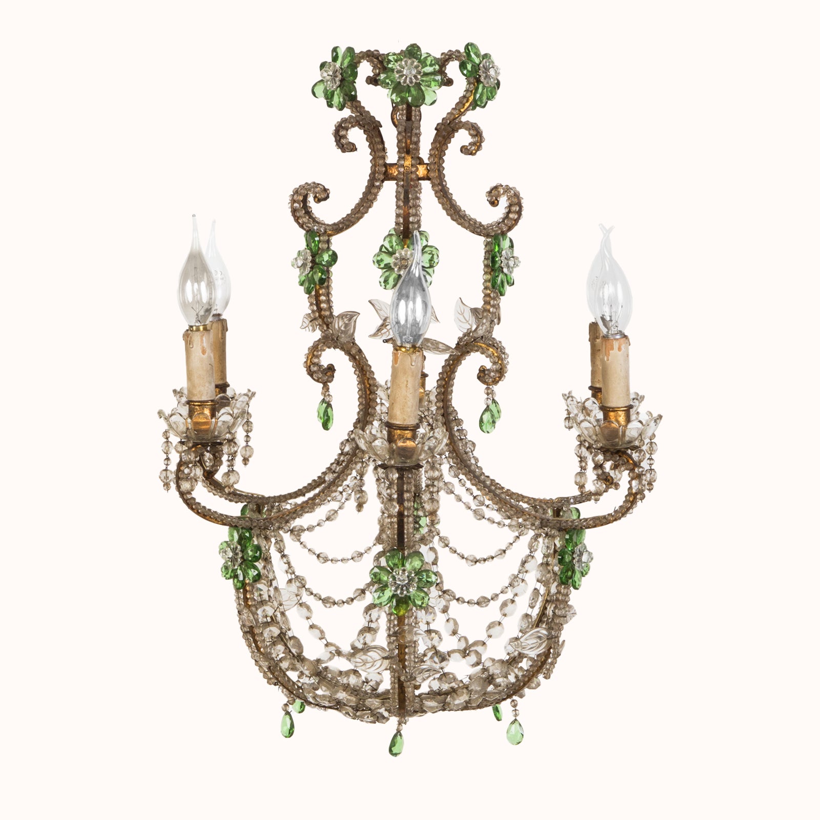 Italian Crystal Beaded Chandelier Fixture with Green Flowers