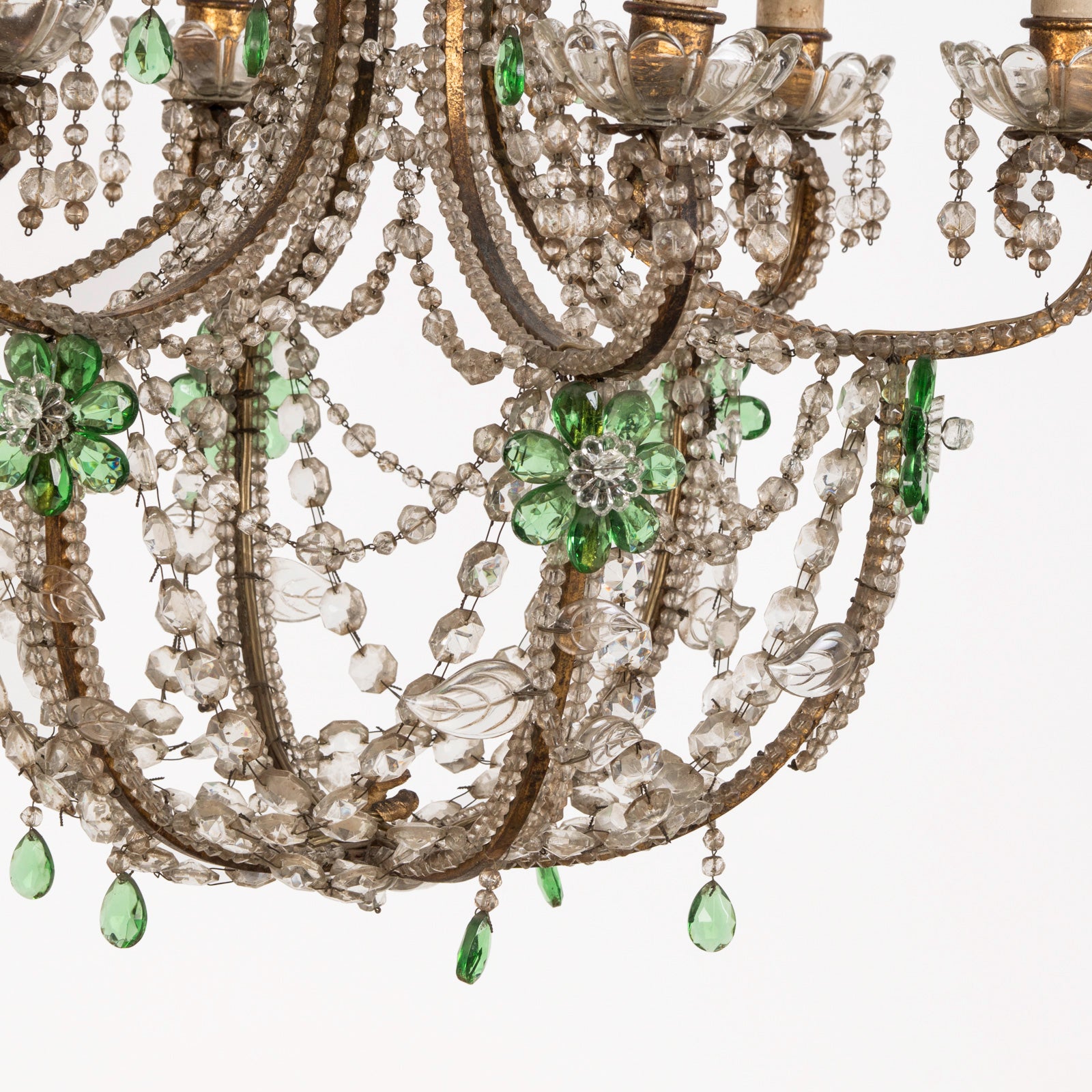 Italian Crystal Beaded Chandelier Fixture with Green Flowers