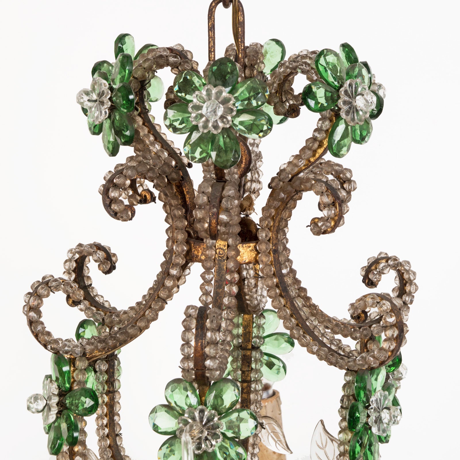 Italian Crystal Beaded Chandelier Fixture with Green Flowers