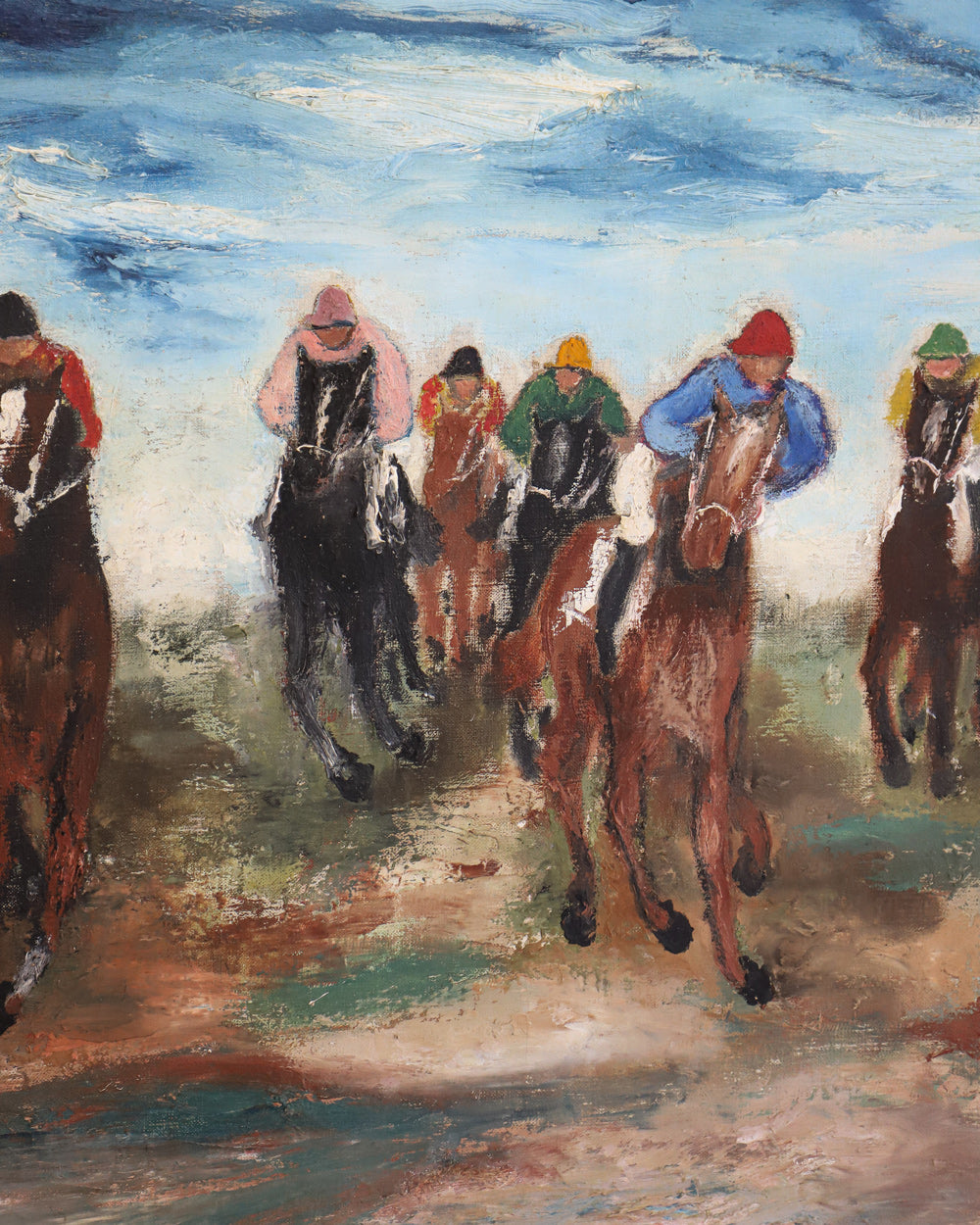 Close-up of a 19th Century Antique Painting of Jockeys in Action by Giacomo Varese, depicting multiple horses with jockeys riding them, enclosed in a gilded frame