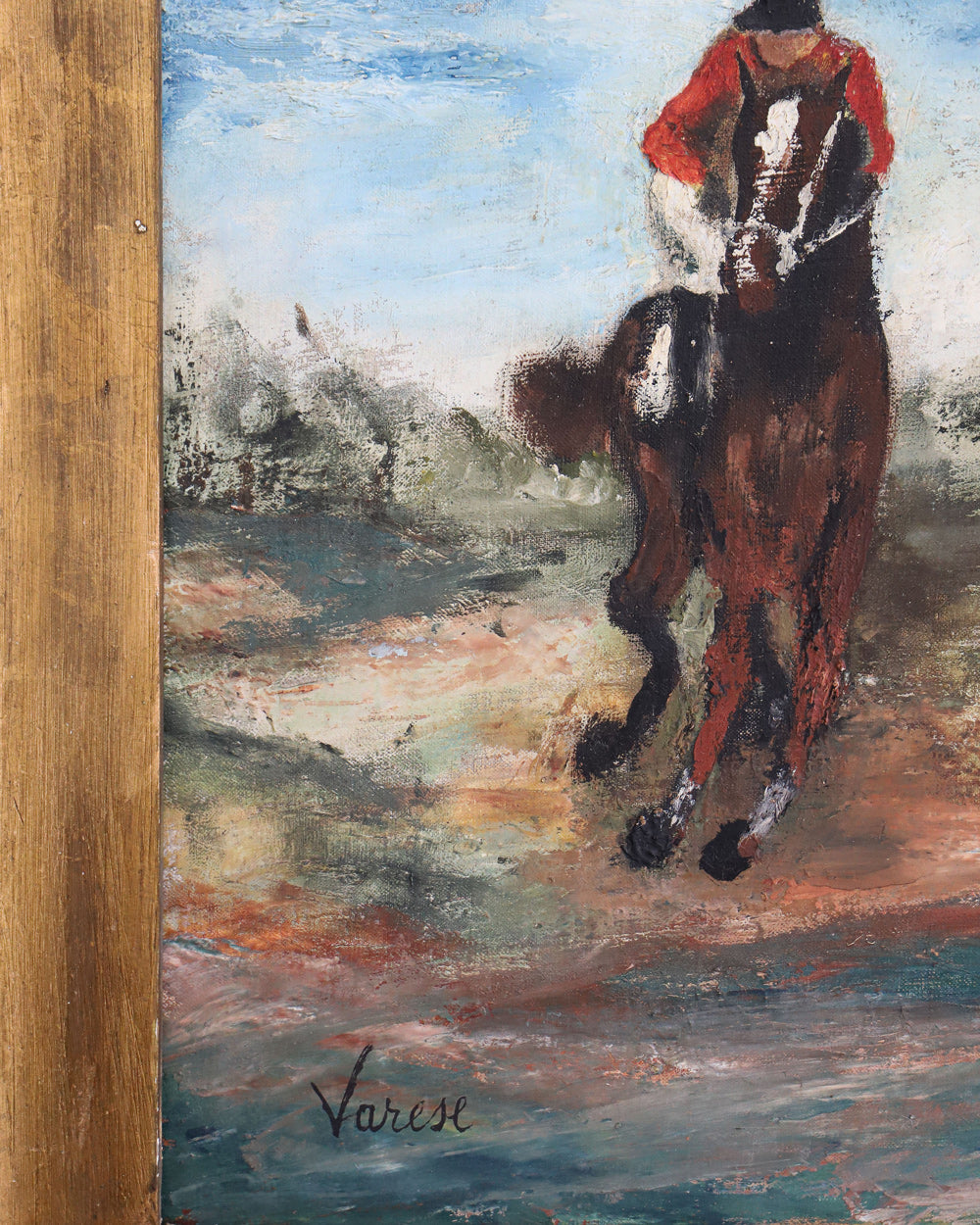 Close-up of a 19th Century Antique Painting of Jockeys in Action by Giacomo Varese, depicting multiple horses with jockeys riding them, enclosed in a gilded frame