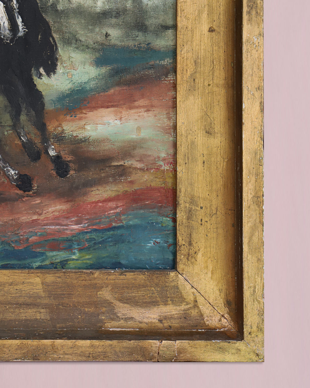 Close-up of a 19th Century Antique Painting of Jockeys in Action by Giacomo Varese, depicting multiple horses with jockeys riding them, enclosed in a gilded frame