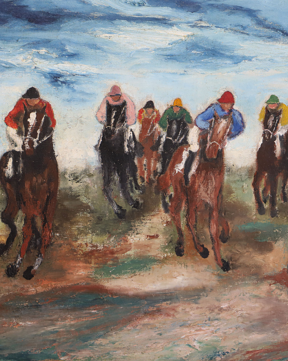 Close-up of a 19th Century Antique Painting of Jockeys in Action by Giacomo Varese, depicting multiple horses with jockeys riding them, enclosed in a gilded frame