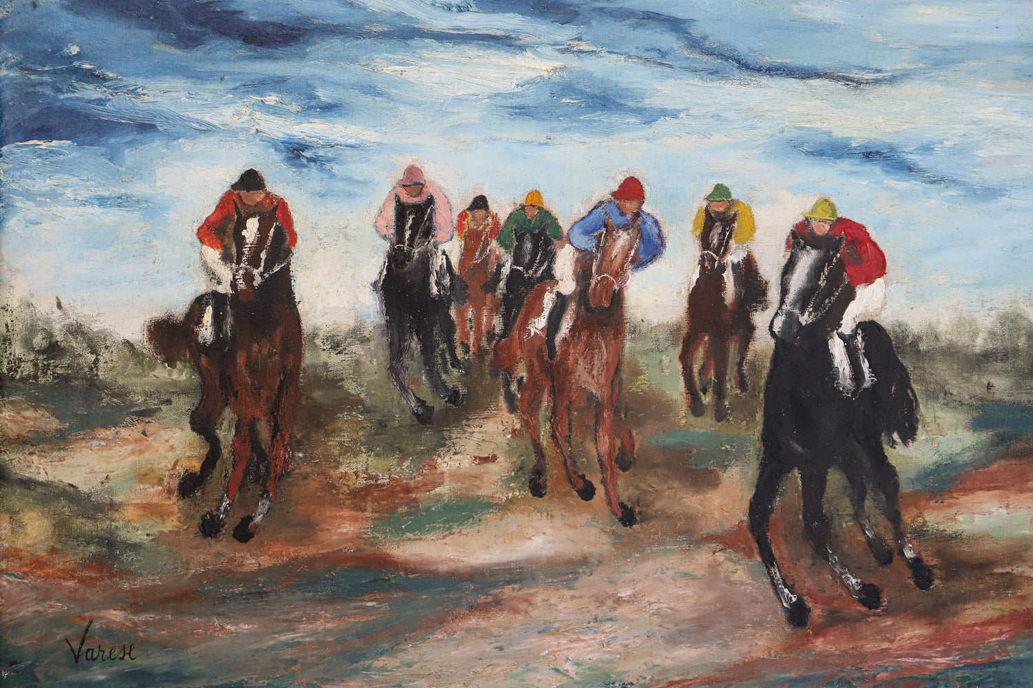 Close-up of a 19th Century Antique Painting of Jockeys in Action by Giacomo Varese, depicting multiple horses with jockeys riding them, enclosed in a gilded frame