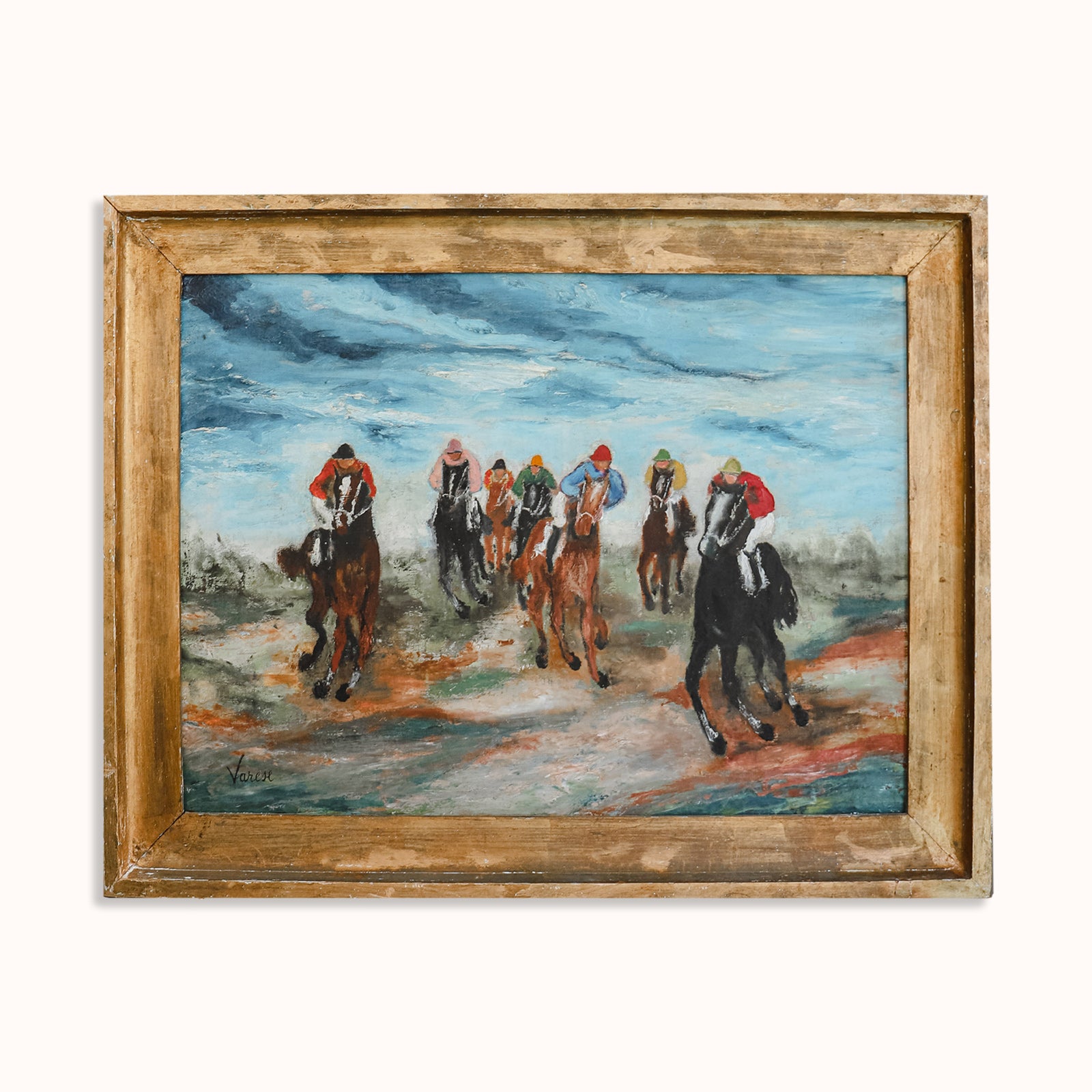 19th Century Antique Painting of Jockeys in Action by Giacomo Varese, depicting multiple horses with jockeys riding them, enclosed in a gilded frame, available at Wildschut Antiques