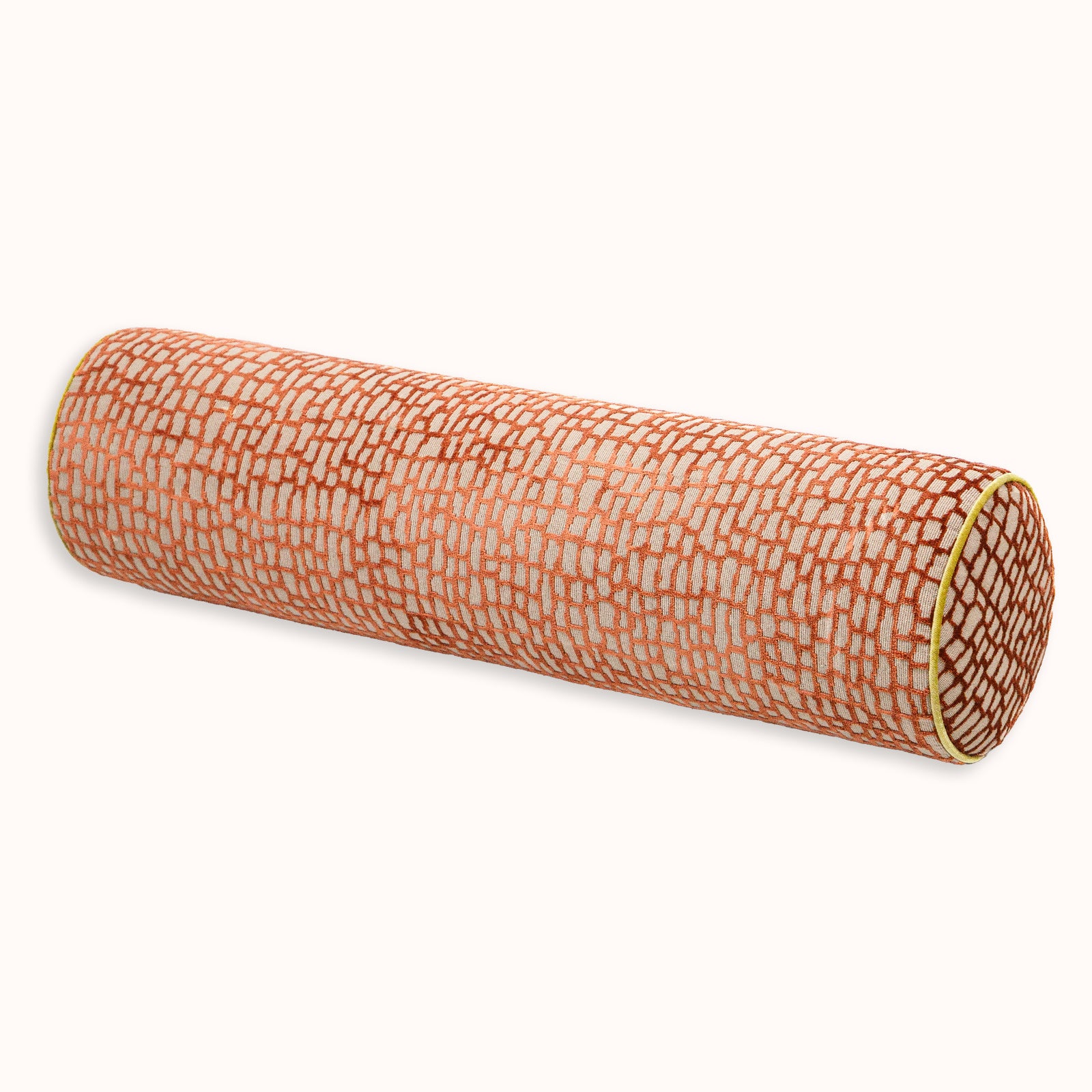 Textured cylindrical bolster pillow with vintage velvet fabric by Pierre Frey on a plain background available at Wildschut Antiques