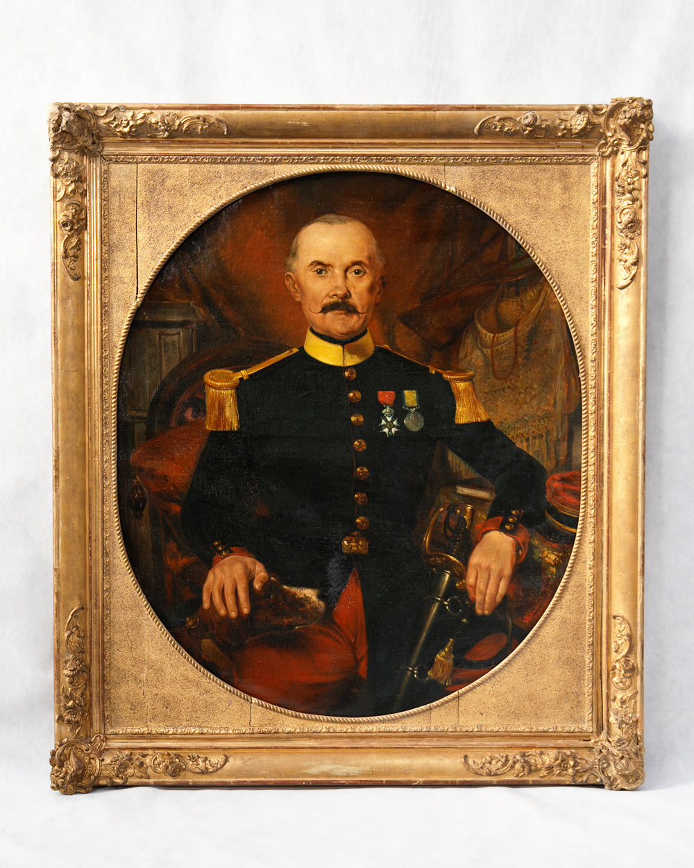 Large 19th C Portrait of a Decorated Gentleman & His Dog, 1879