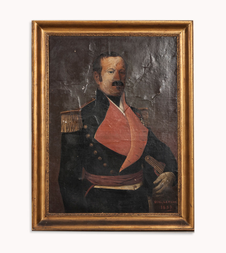 19th C Portrait of a French Military Man wearing a dark blue jacket with a red lapel, signed by Eug. Leycuf, oil on canvas, available at Wildschut Antiques
