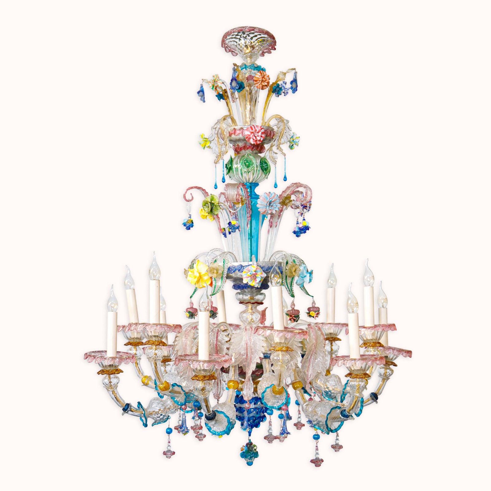 Colorful large vintage Venetian Murano Glass chandelier with intricate flower designs on a white background, available via Wildschut Antiques