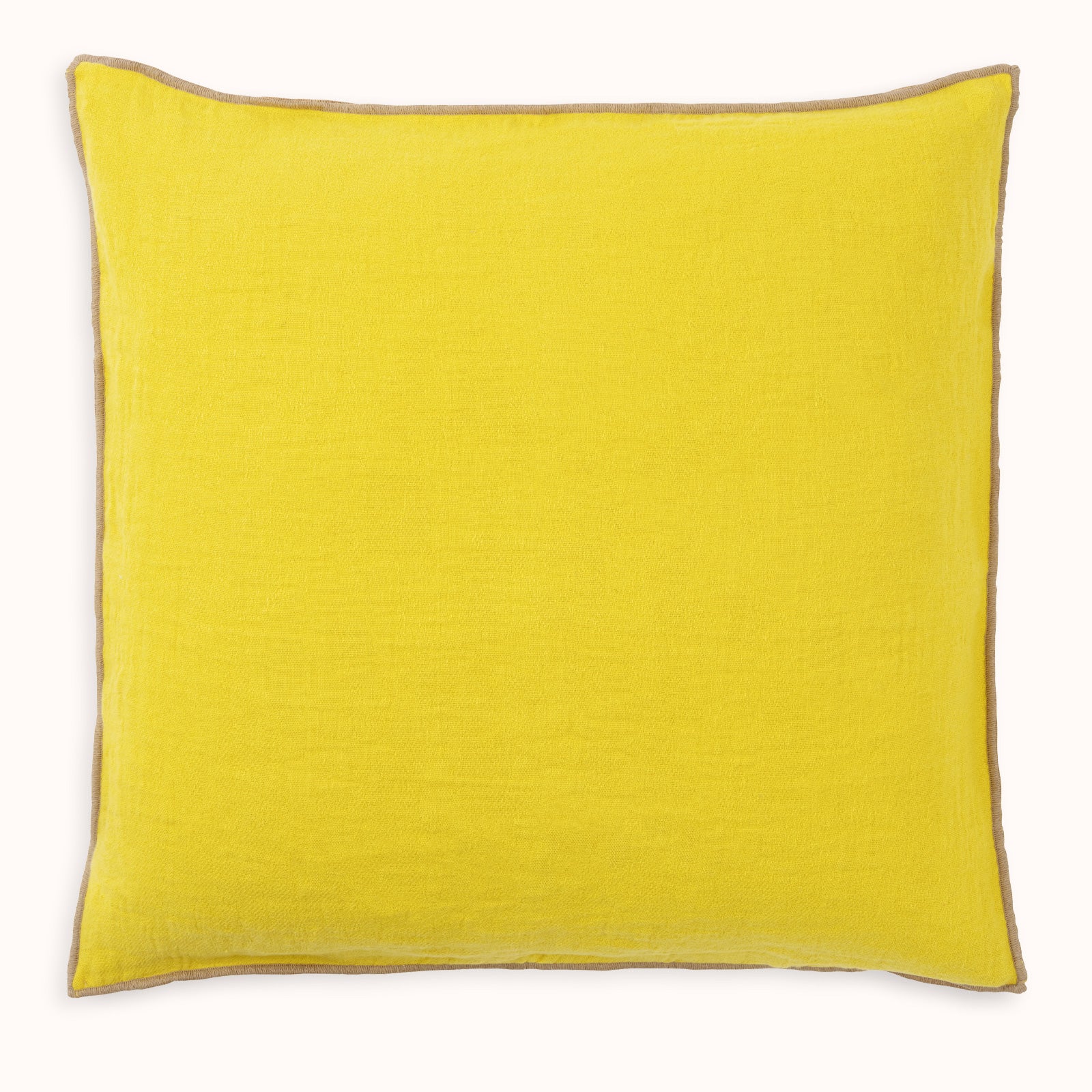 Lemon yellow square pillow in a linen-cotton blend with decorative seams available at Wildschut Antiques