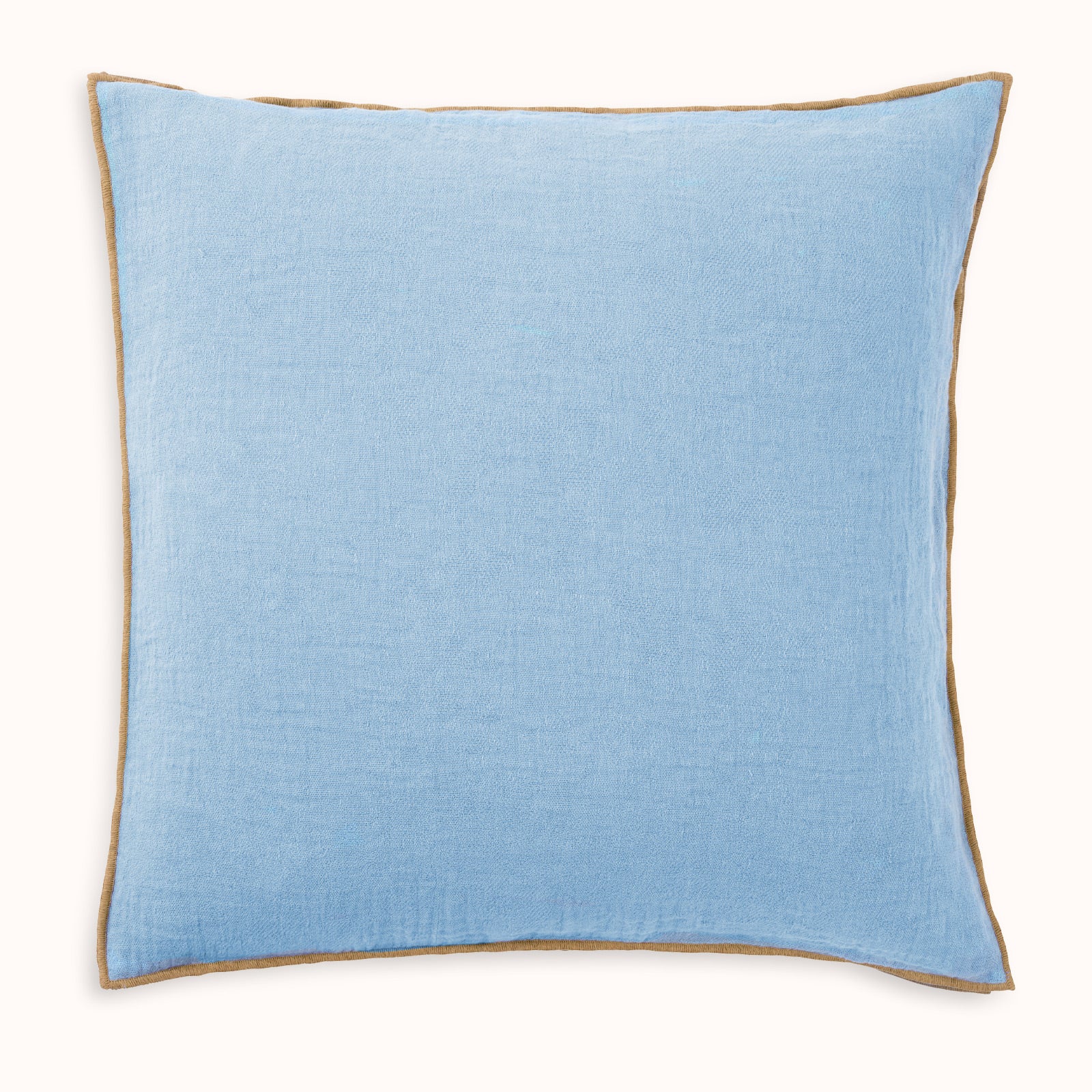 A square-shaped light blue soft linen blend pillow with decorative seams available at Wildschut Antiques
