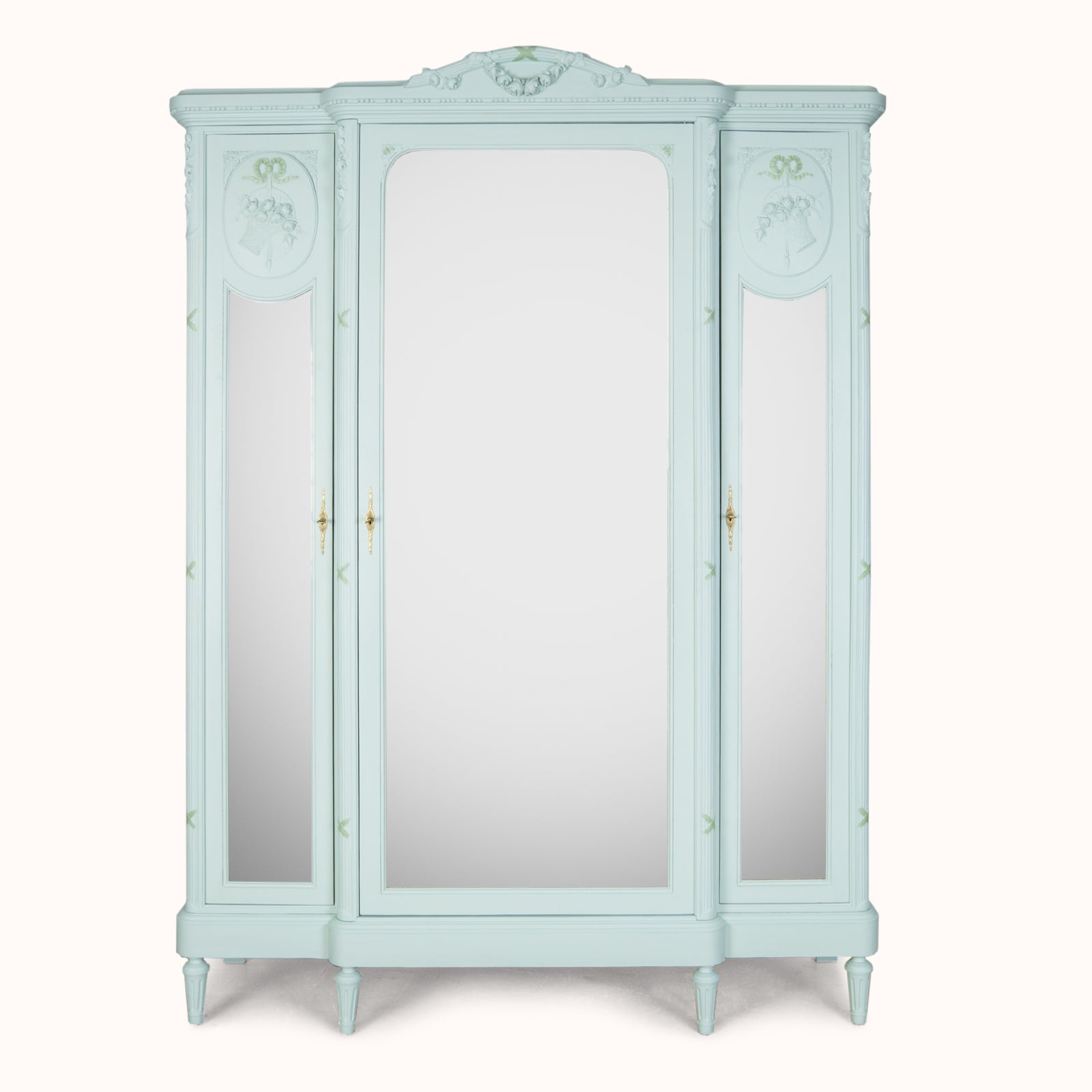 Louis XVI Style Painted Triple Door Mirror Armoire