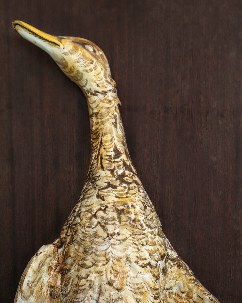 Vintage French Majolica Ceramic Duck or Goose Mounted on a Wooden Base