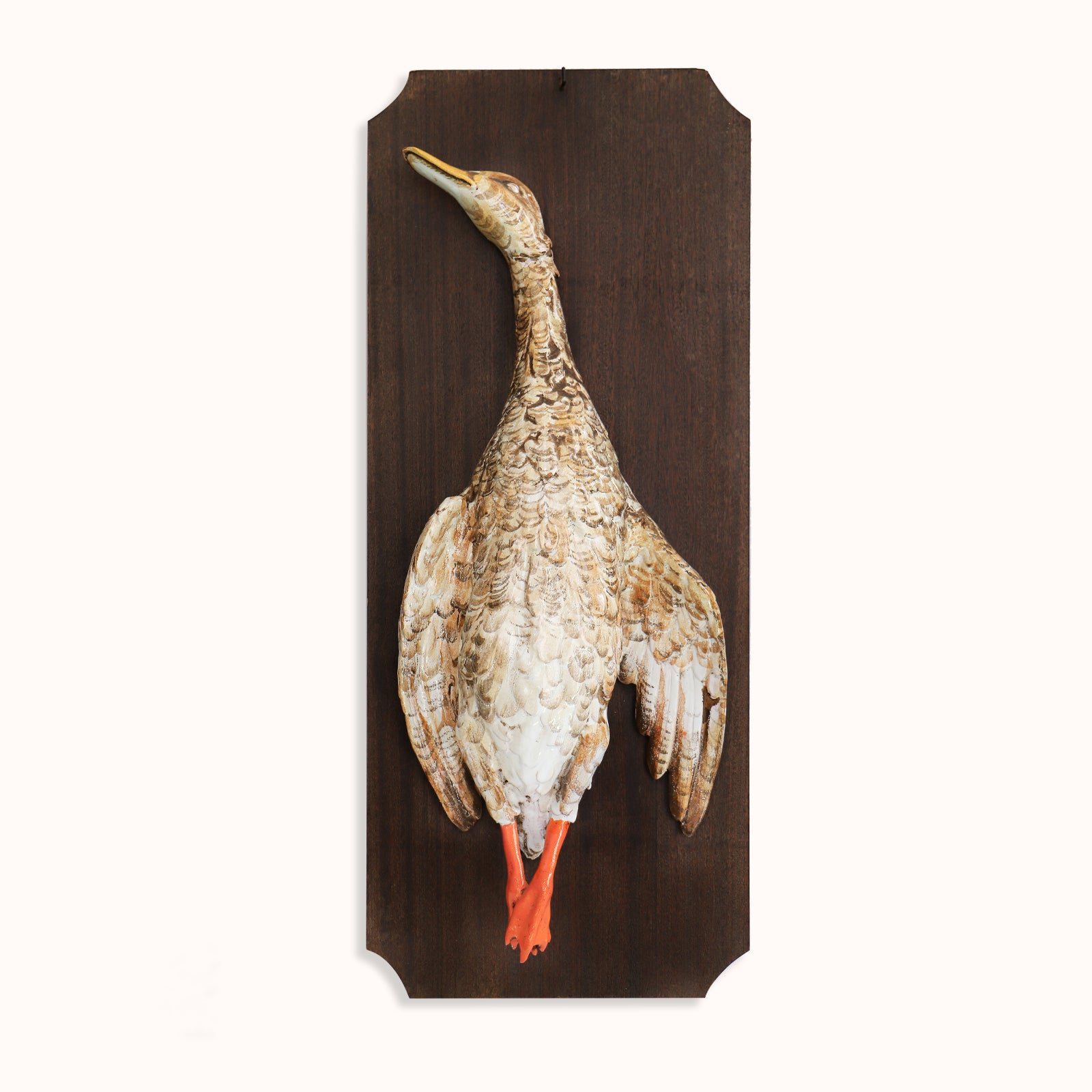 Vintage French Majolica Ceramic Duck or Goose Mounted on a Wooden Base