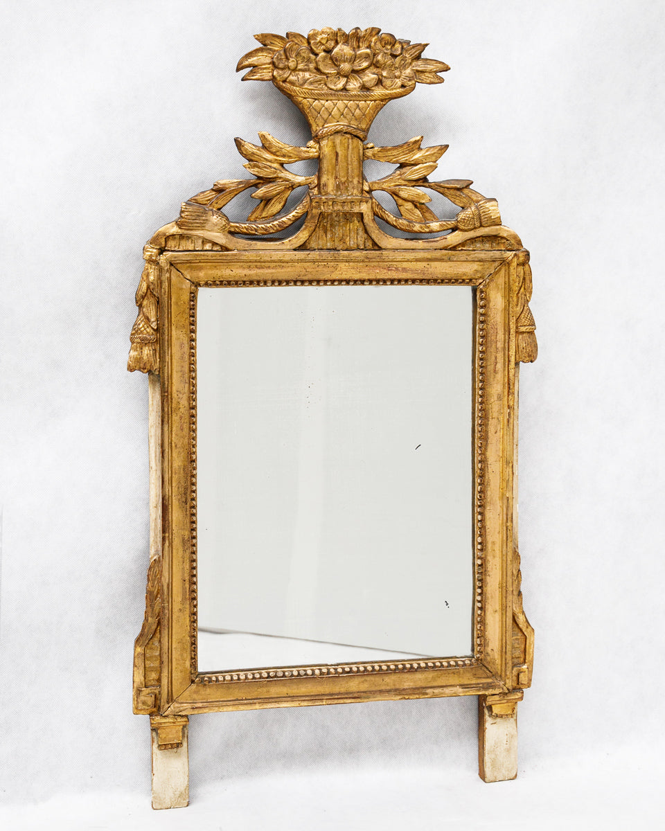 Decorative antique French gold-framed marriage or wedding mirror with intricate design on a white background available at Wildschut Antiques