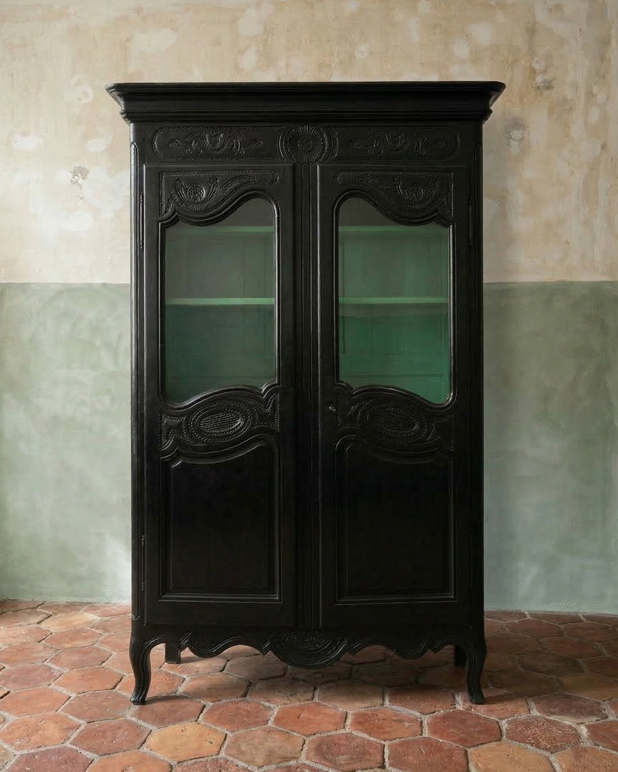19th C Black Vitrine Marriage Armoire