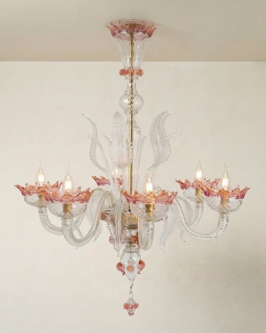Venetian Murano Glass 6-Light Chandelier in White and Pink