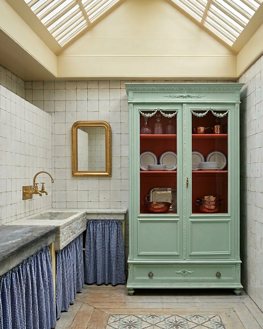 Louis XVI Style Mint Green Glass Door Vitrine