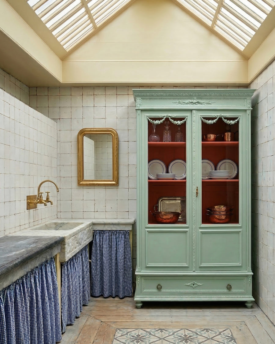 Louis XVI Style Mint Green Glass Door Vitrine