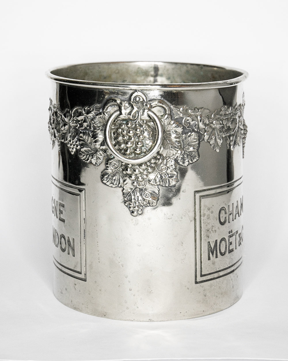 Vintage silver champagne bucket with Moét & Chandon branding, available via Wildschut Antiques