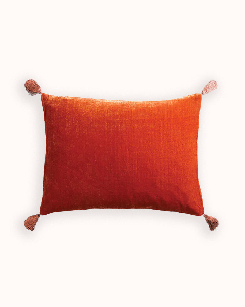 Orange-red pillow with tassels on a light background, by Monde Sauvage available via Wildschut Antiques.