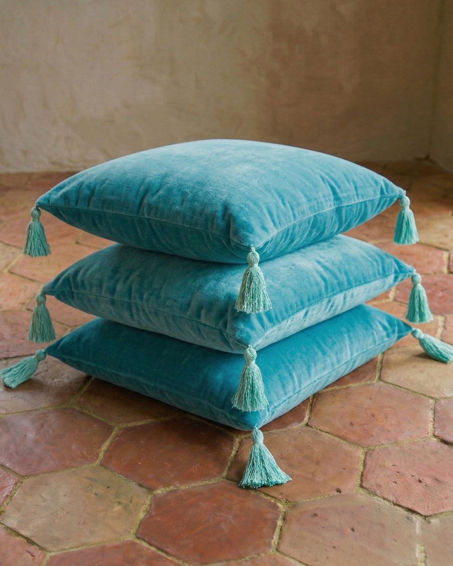 Silk Velvet Velour Pompom Cushion | Lombok Turquoise