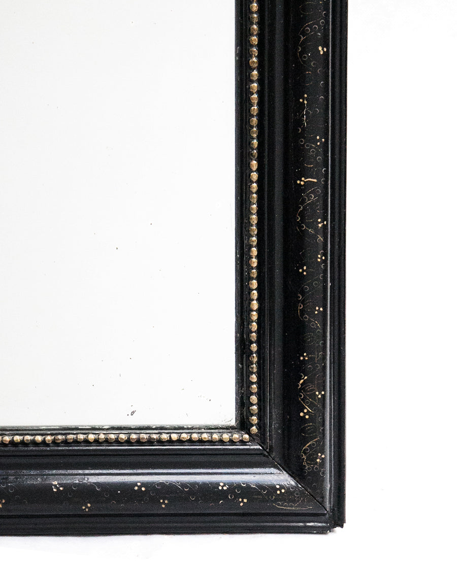 19th C Napoleon III Black Mirror with Hand-Painted Floral Details