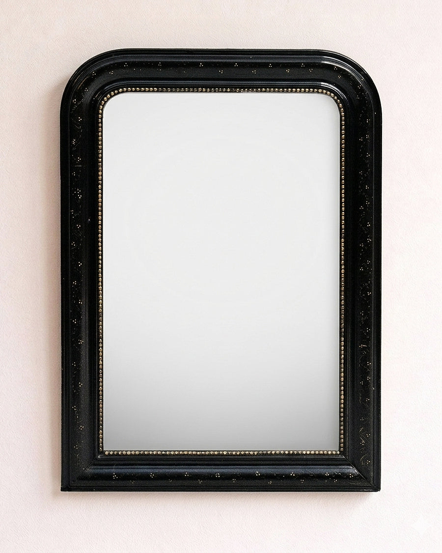 19th C Napoleon III Black Mirror with Hand-Painted Floral Details