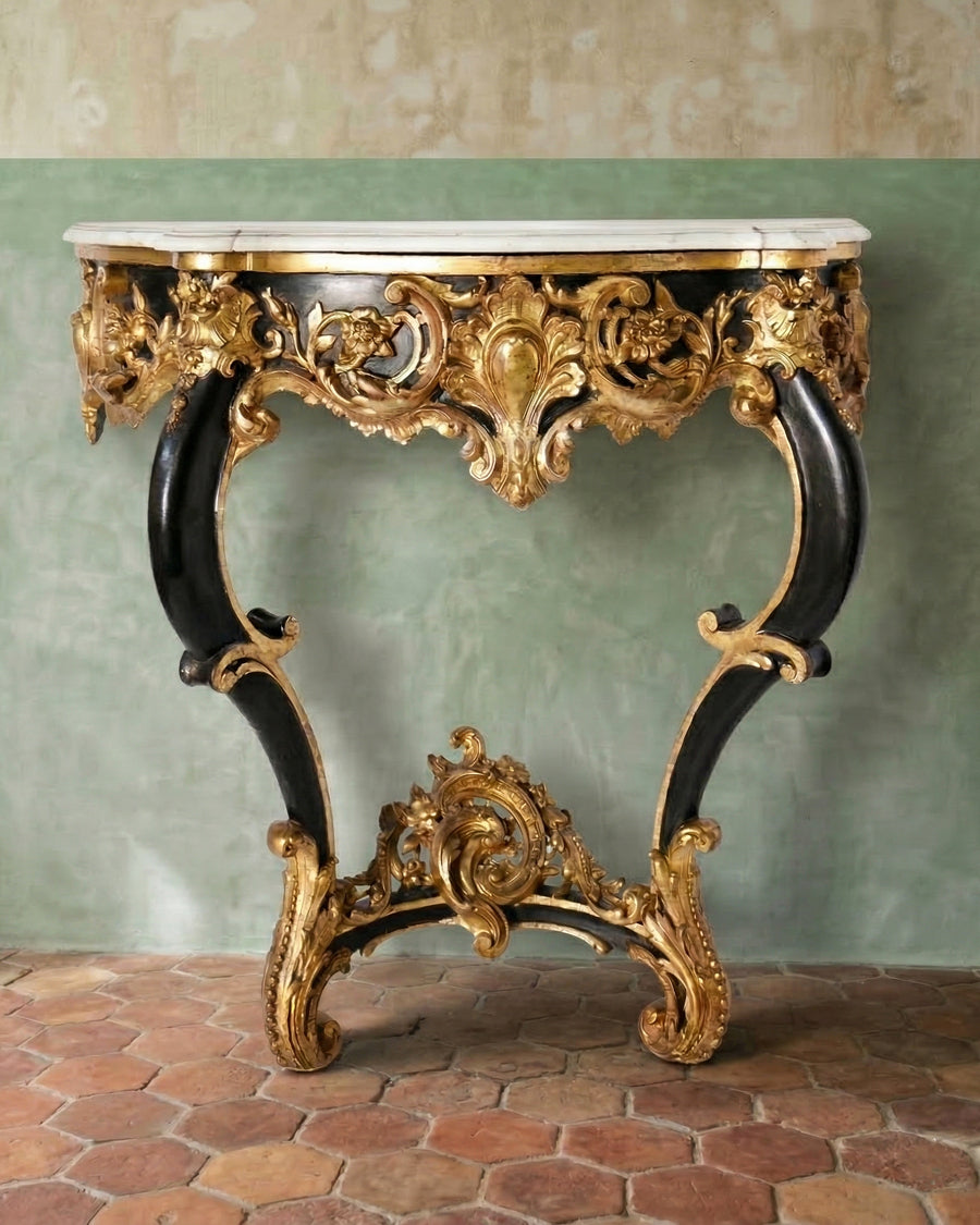 Dramatic 19th C Napoleon III Ebonized & Giltwood Console Table