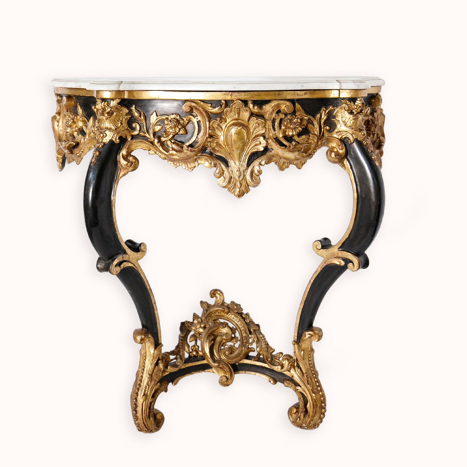 Decorative antique Napoleon III style console table with gold and black embellishments available via Wildschut Antiques