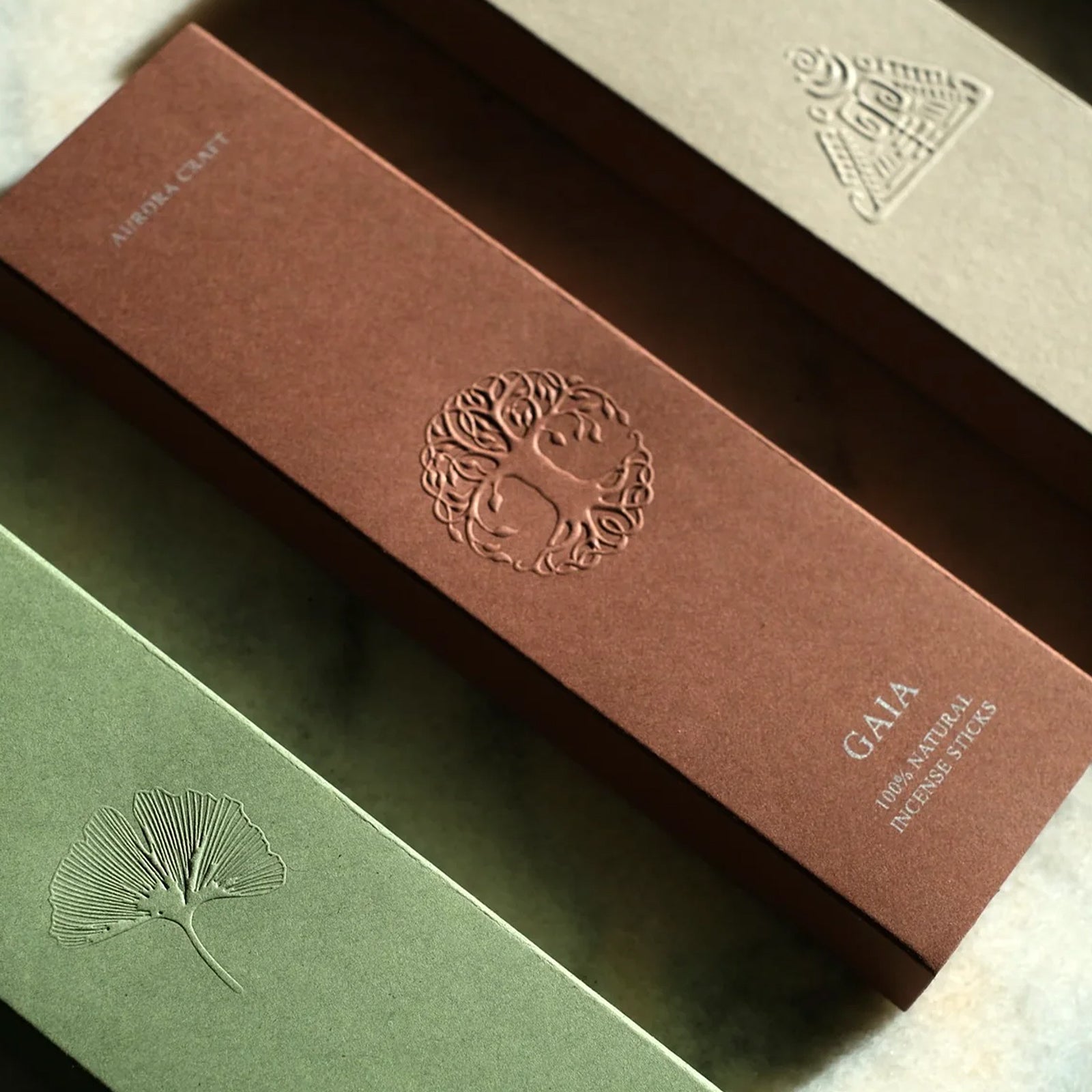 Boxes of natural incense branded by Aurora Craft
