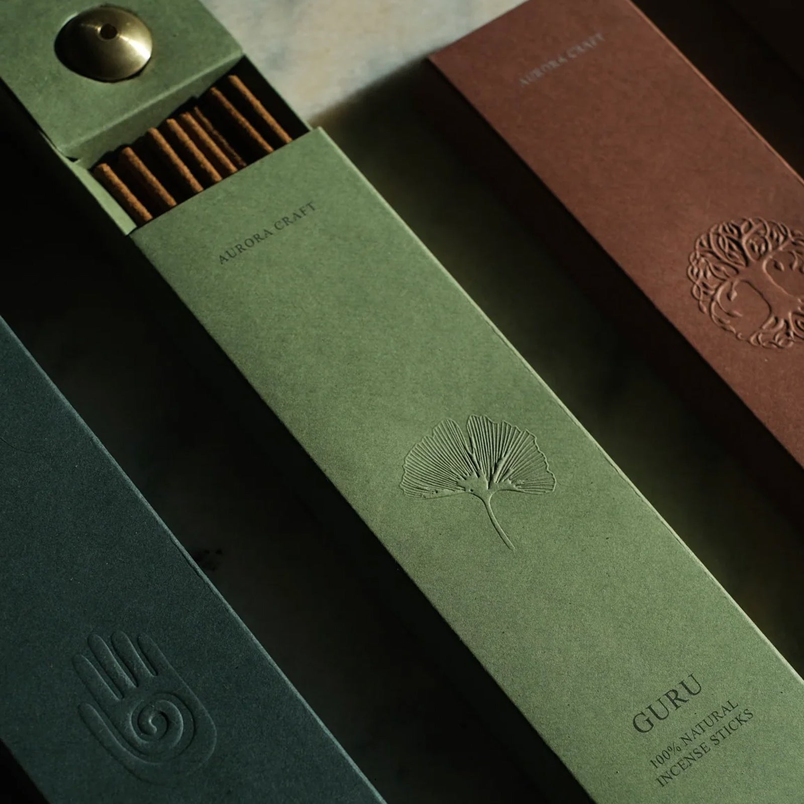 Boxes of natural incense branded by Aurora Craft