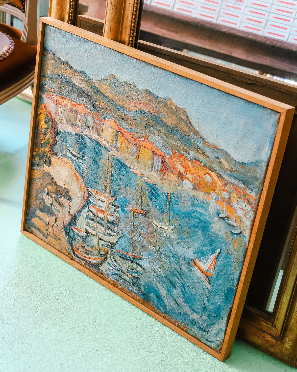 Mid Century French Oil Painting of Port de Sanary Sur Mer by P. Bugard