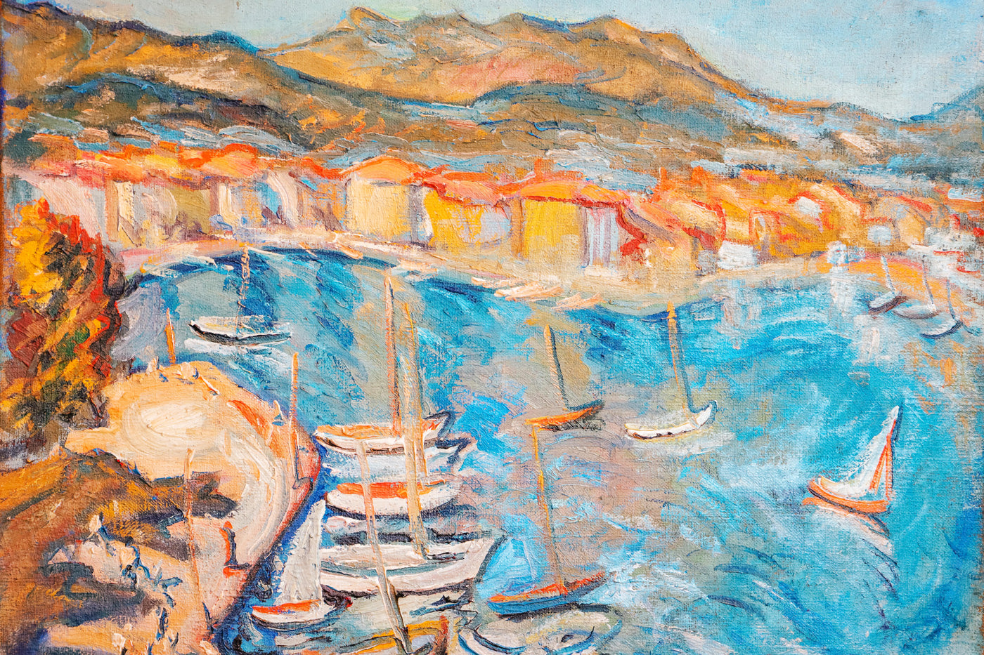 Mid Century French Oil Painting of Port de Sanary Sur Mer by P. Bugard