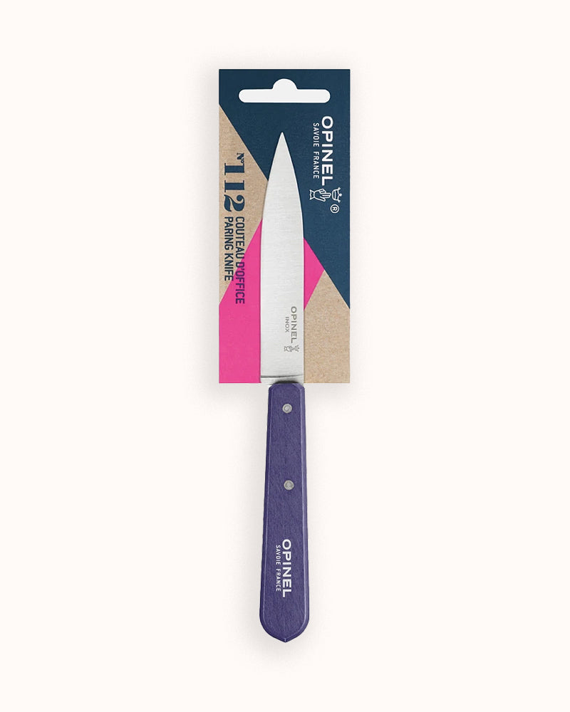 Opinel knife with purple handle and blue blade on a light background, available via Wildschut Antiques