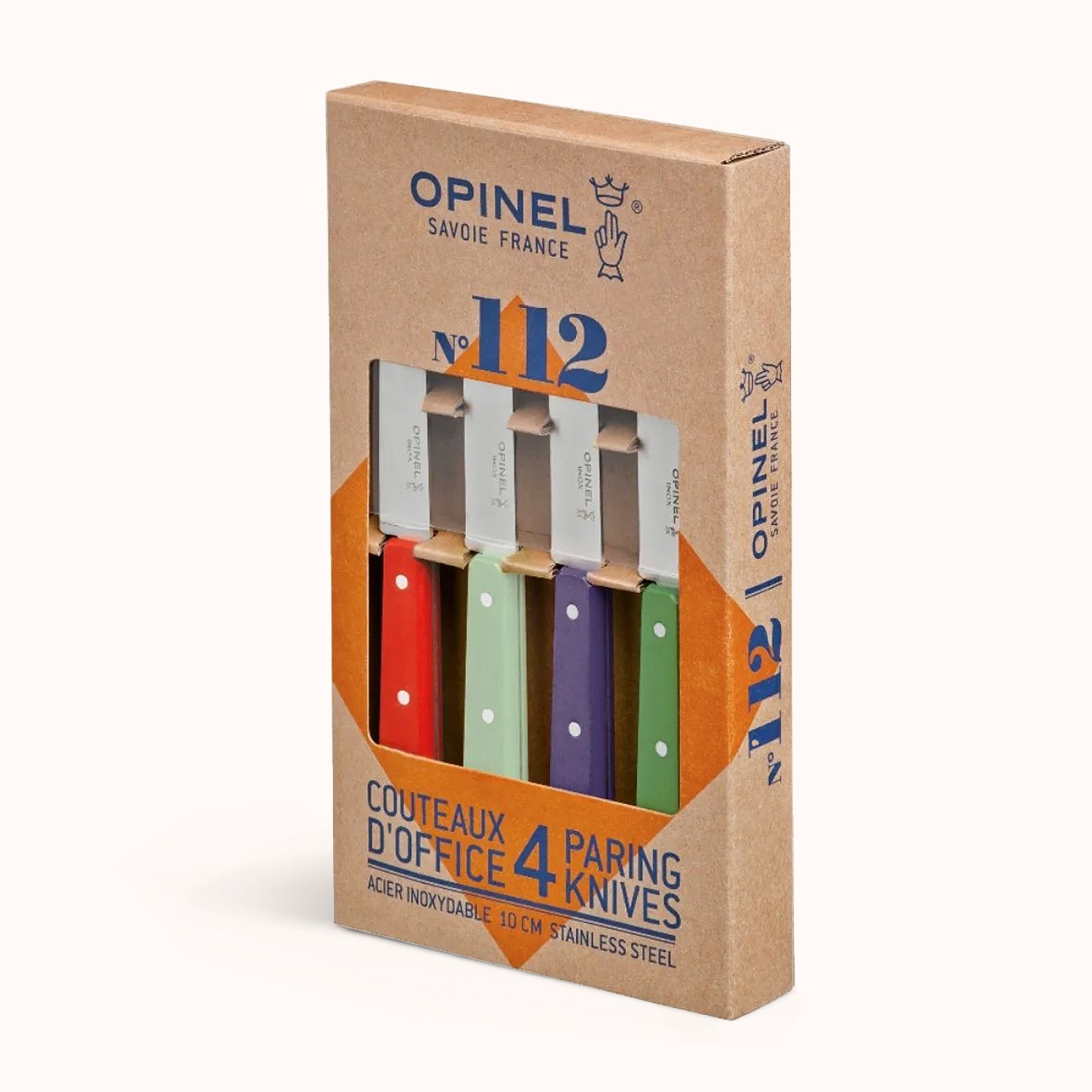 Opinel knife set packaging with four knives in different colors on a beige background